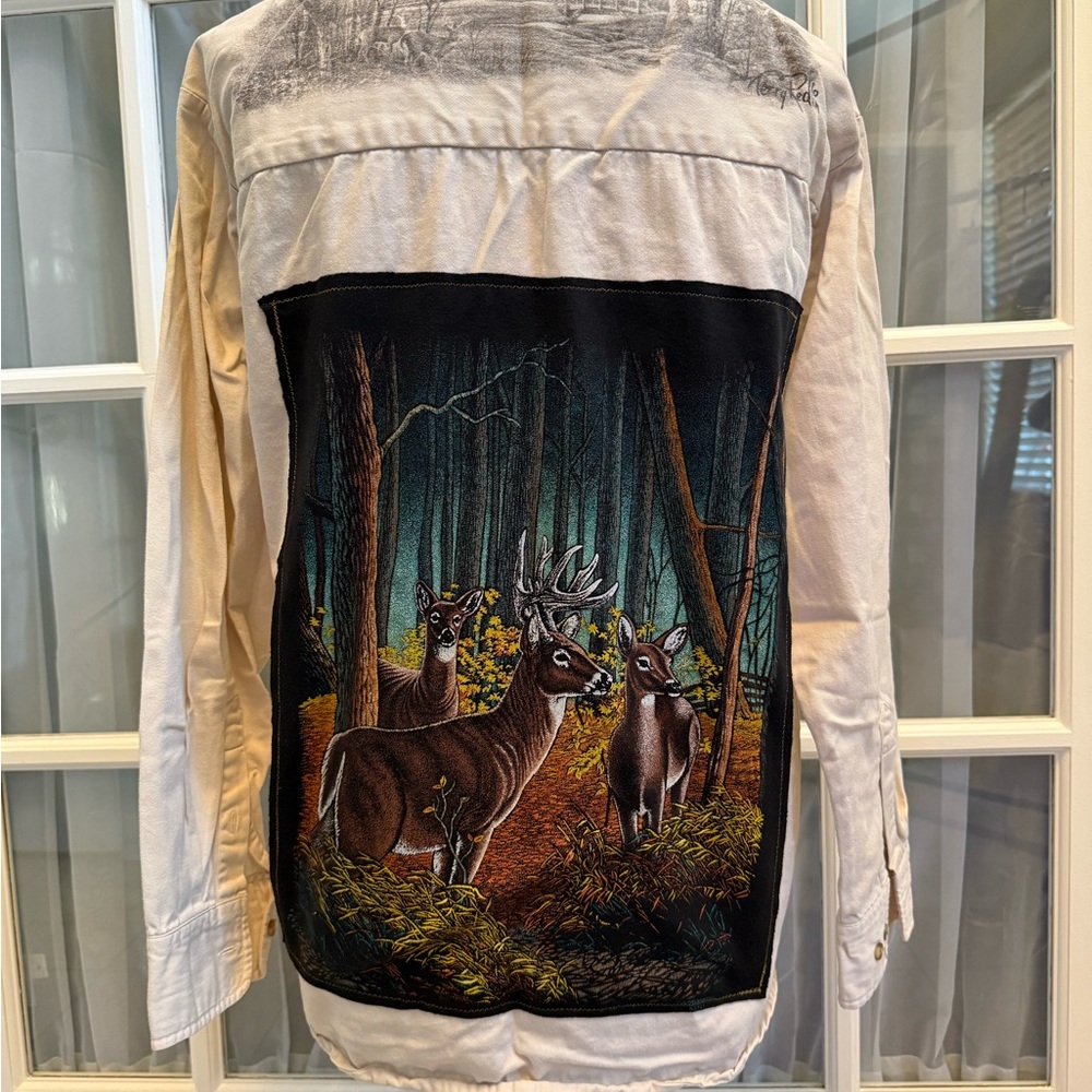 Men's Beige and Black Forest Scene Button Shirt
